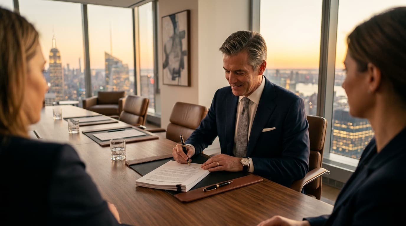 Sophisticated business executive signing a contract in a luxurious high-rise boardroom