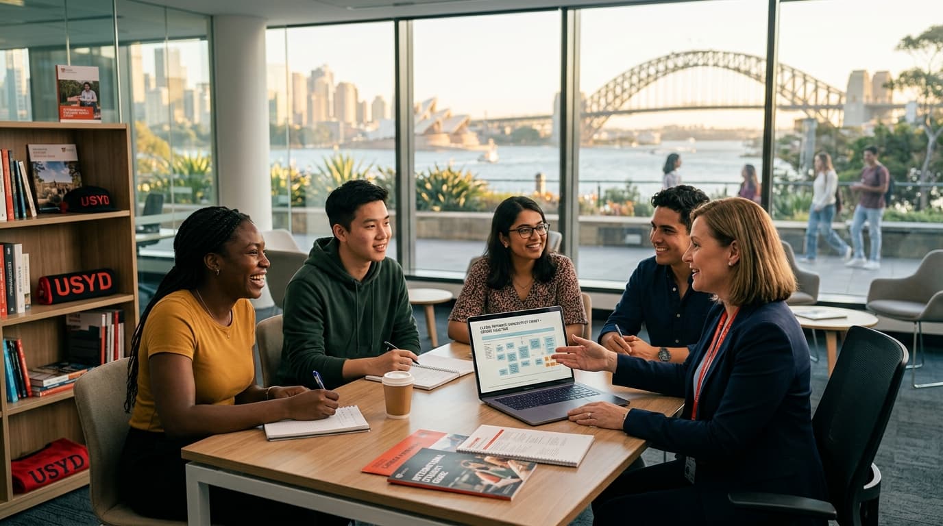Diverse group of international students confidently consulting with an education advisor