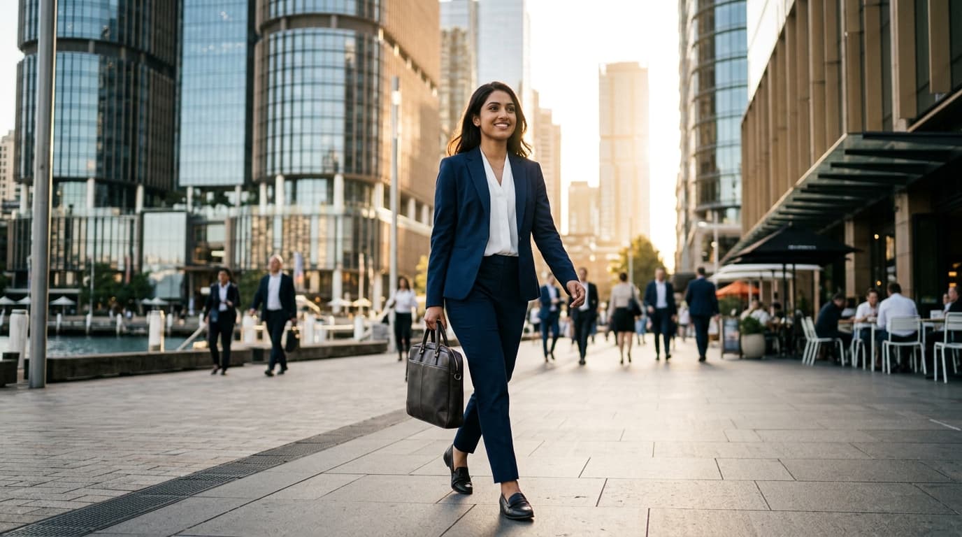 Successful international graduate in corporate attire walking confidently in a modern financial district