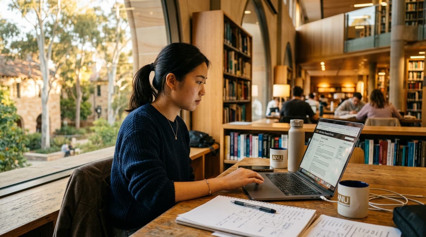 International student diligently working on a laptop in a sunny Australian campus library