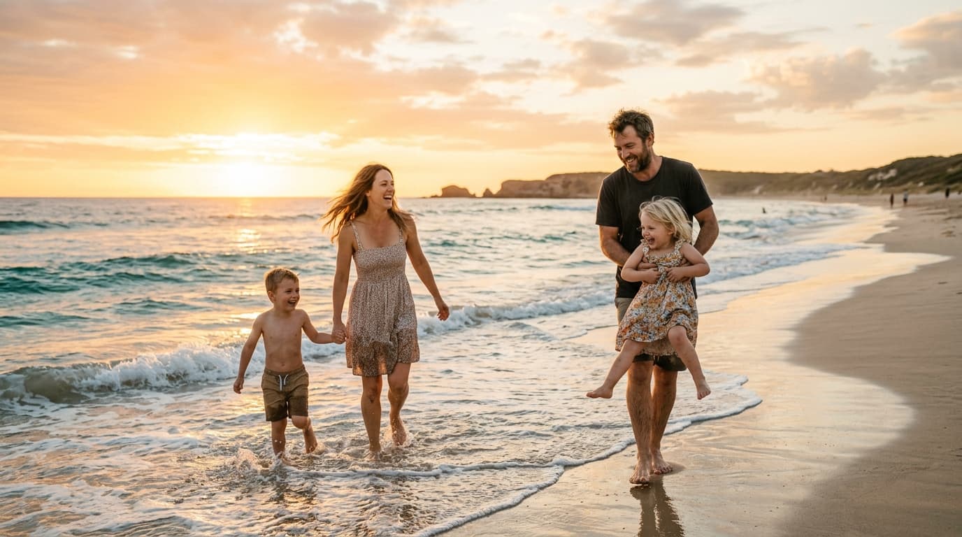Happy young family playing together on a pristine Australian beach at sunset