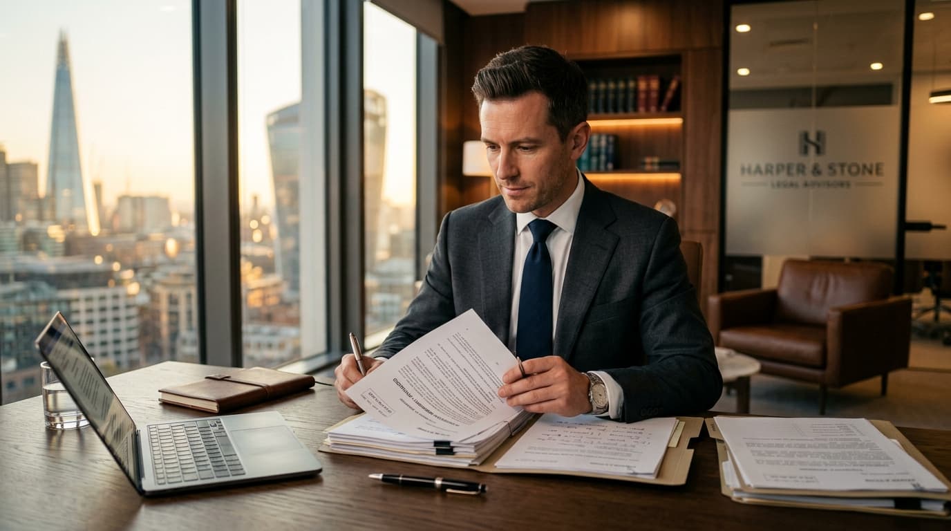 Sharply dressed legal agent reviewing documents in a sleek modern law office