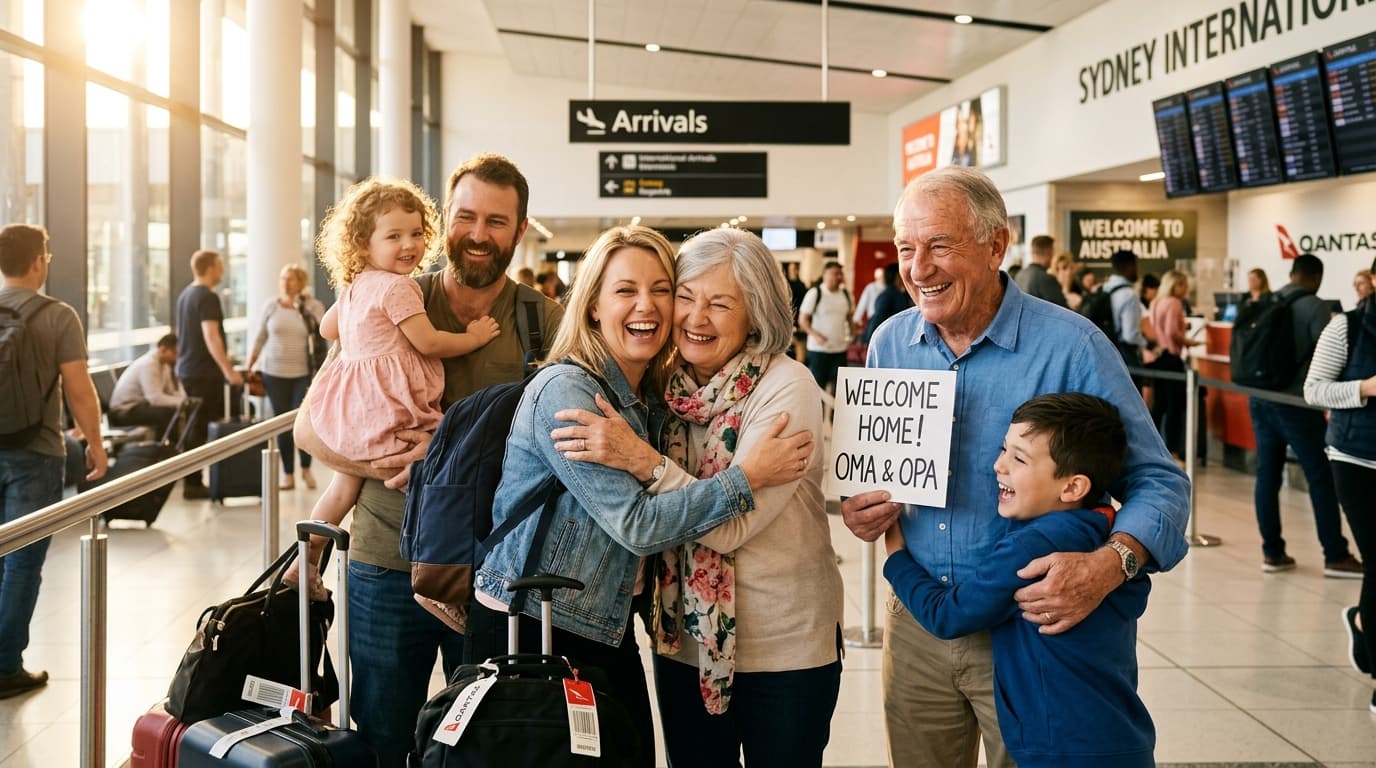 Happy elderly grandparents joyfully reuniting with their family at an Australian airport