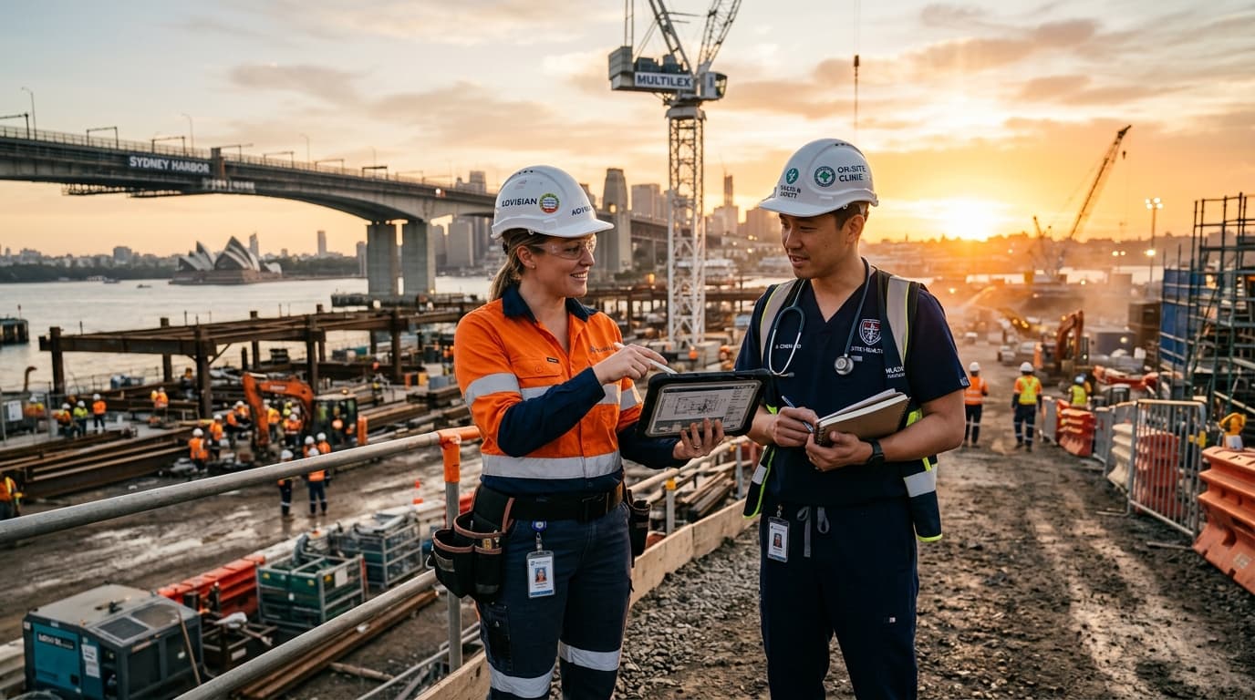 Modern engineer and healthcare professional collaborating on a construction site