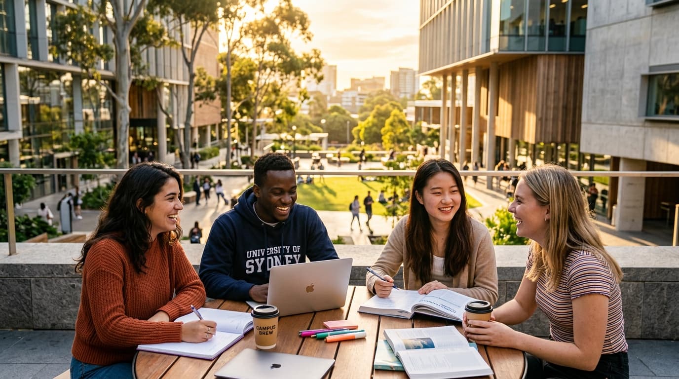 International university students studying together on a sunny campus