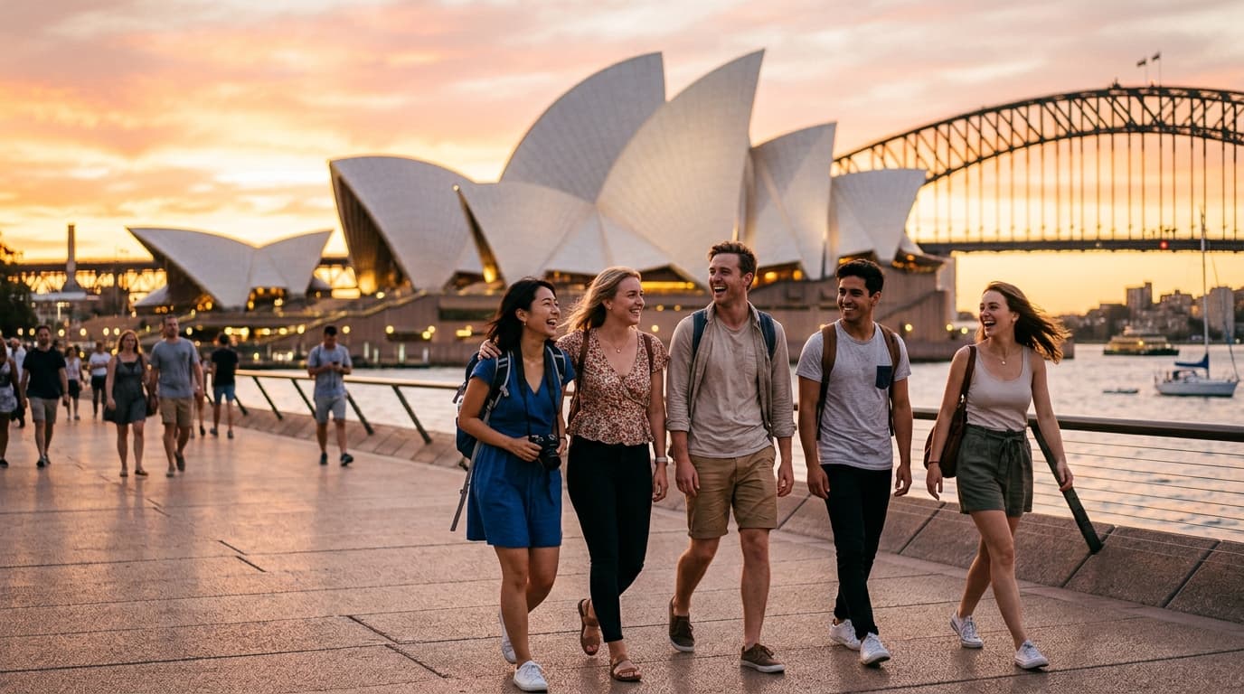 Happy tourists walking near the Sydney Opera House at sunset