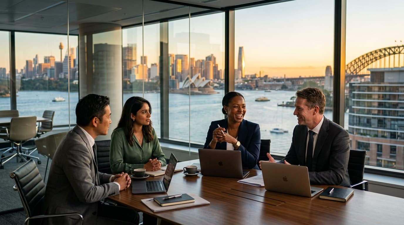 Diverse corporate professionals in a modern Sydney glass office